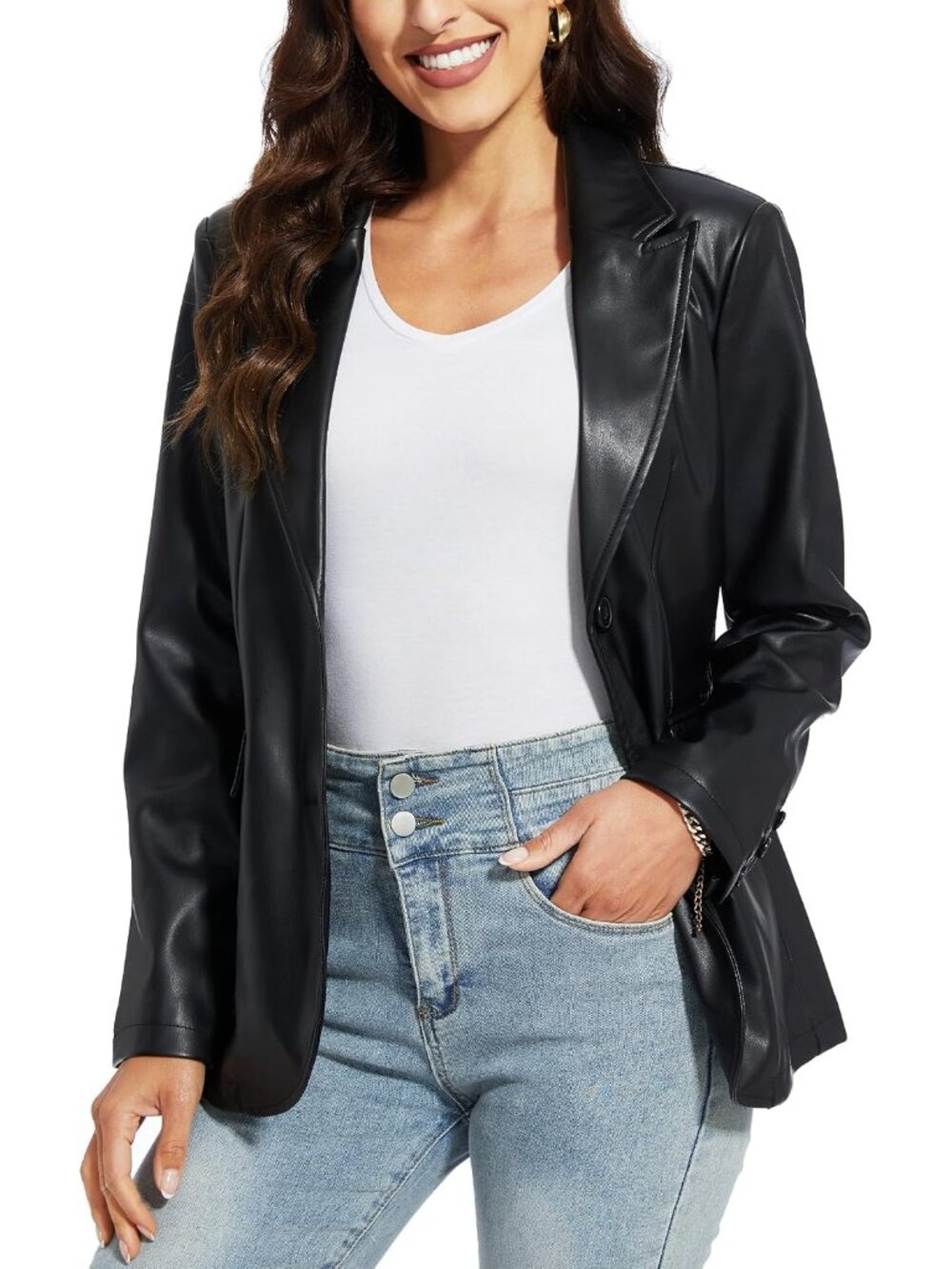 Women's Faux Leather Blazer Jacket Oversized Casual Coat, S-XXL